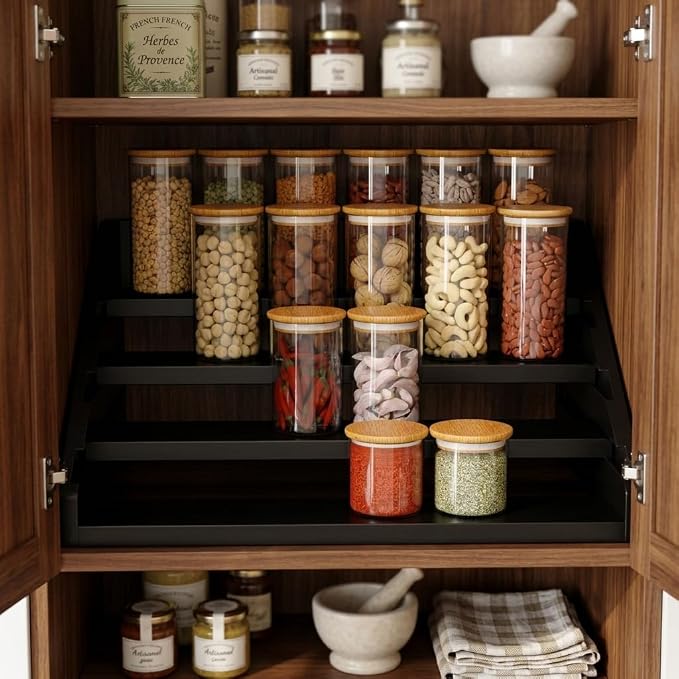 Solid Wood Spice Rack Organizer for Countertop & Cabinet, 4 Tier Adjustable Wooden Spice Shelf with Sliding Track, Premium Step Seasoning Bottle Holder for Kitchen, Cupboard, Pantry & Office, Black - Image 4