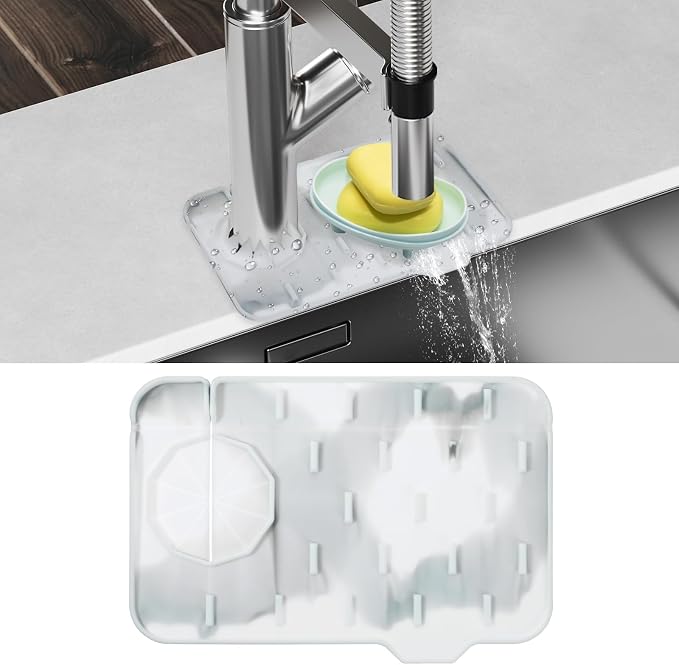 Dimeho Sink Faucet Splash Guard Mat Silicone Soap Dish Pad Faucet Handle Drip Catch Sponge Holder Sink Protector Trays for Bathroom Kitchen Countertop Gadgets Accessories 8.3 x 5.7 Inch (Marble) - Image 8