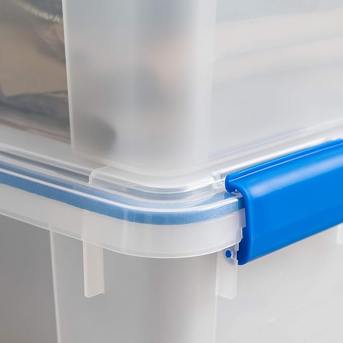 IRIS USA 3-Pack 60 Qt Storage Bins with Gasket Lids, Clear/Blue | WeatherPro seal helps protect bulky items for moving, garage, attic and basement storage - Image 7