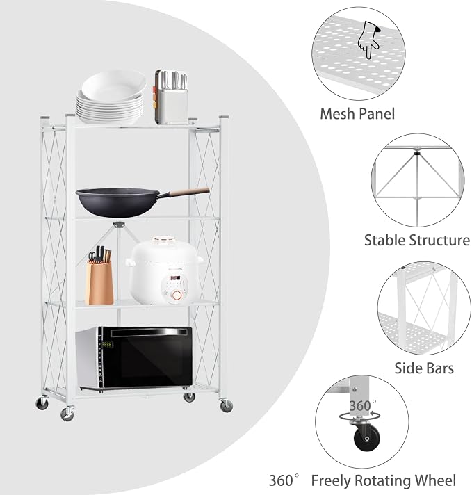 4-Tier Folding Shelf with Wheels No Assembly Portable Shelves | Folding Shelf Loads 600 LBS,Metal Steel Collapsible Shelves, Rolling Standing Utility Rack for Kitchen, Pantry, Office, White - Image 6