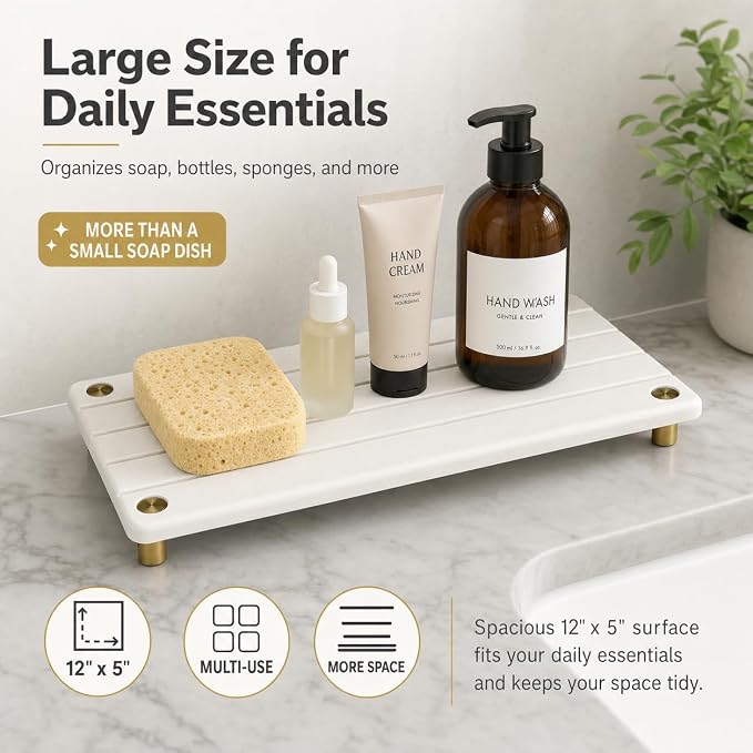 Instant Dry Sink Caddy Kitchen Sink Organizer, Quick Drying Stone Tray Diatomite Sponge Holder Soap Dish, Bathroom Countertop Fast Dry Water Absorbing Vanity Rack, Gold White, 12" x 5" - Image 3