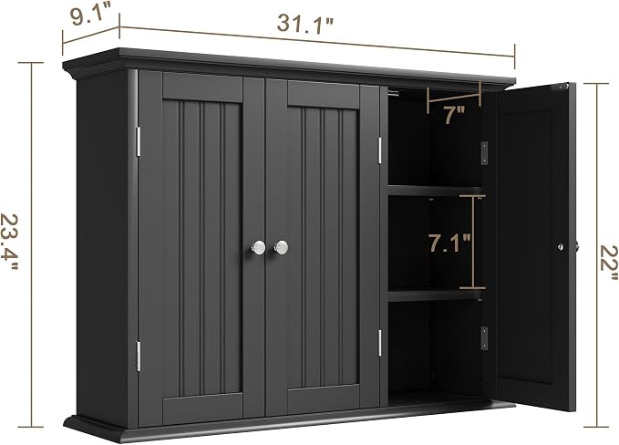 ChooChoo Laundry Cabinet with 3 Doors and Adjustable Shelves | 9.06"D x 31.1"W x 24"H, Bathroom Wall Cabinet, Cupboard, Black - Image 3