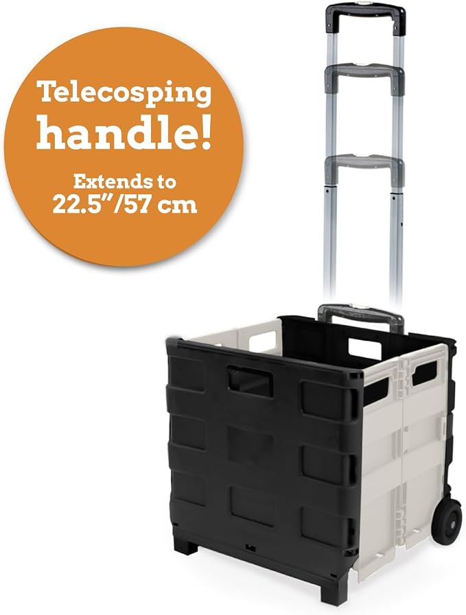 Inspired Living Ultra-Slim Rolling Collapsible Storage Pack-N-Roll Utility-carts, with Telescopic Handle, for Home, Garden, Shopping, Office, School use, Medium, White & Black - Image 7