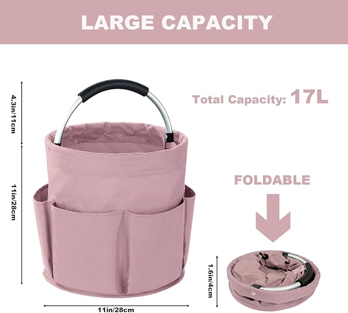 Cleaning Caddy with Handle, 17L Foldable Cleaning Supplies Organizer, Portable Storage Basket, Cleaning Supply Caddy, Multifunctional Cleaning Bucket Bag for Garden, Home, Kitchen (Pink) - Image 4