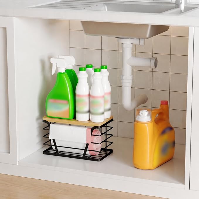 TIDIIABODE Small Grocery Bag Holder, Trash bag holder with Removable Bamboo Top, Wall Mount, No Drill, Stainless Steel, Black - Image 4