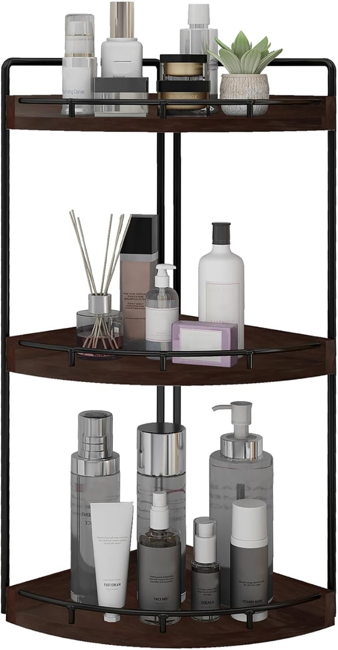 Dorhors Corner Bathroom Organizer Countertop,Vanity Counter Storage Shelf | 3 Tier Walnut Stand Rack Holder for Kitchen,Dresser,Restroom,Wood Bathroom Sink Tray for Makeup,Perfume,Skincare,Lotion by Dorhors