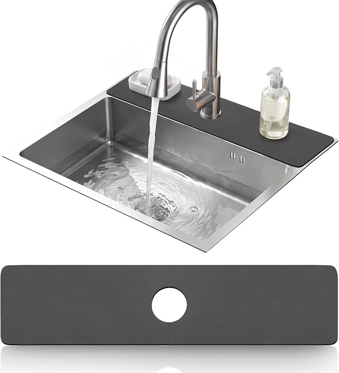 LOPNUR Cuttable Faucet Mat for Kitchen Sink, Long 24x5.5 Inch, Dark Grey | Super Absorbent & Fast Dry Diatomite Sink Splash Guard, 0.8-2.4 Inch Adjustable Faucet Hole, Cut to Fit Bathroom & RV Sinks by LOPNUR