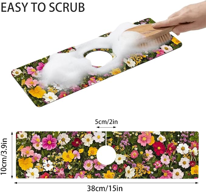 Bimkole 1 PCS Faucet Absorbent Mat, Kitchen Faucet Sink Splash Guard Wraparound Cloth Pads Drip Catcher for Sink Faucet for Kitchen Bathroom Faucet, Colorful Faucet Mat, 15 x 4 Inch Flower A8 - Image 2