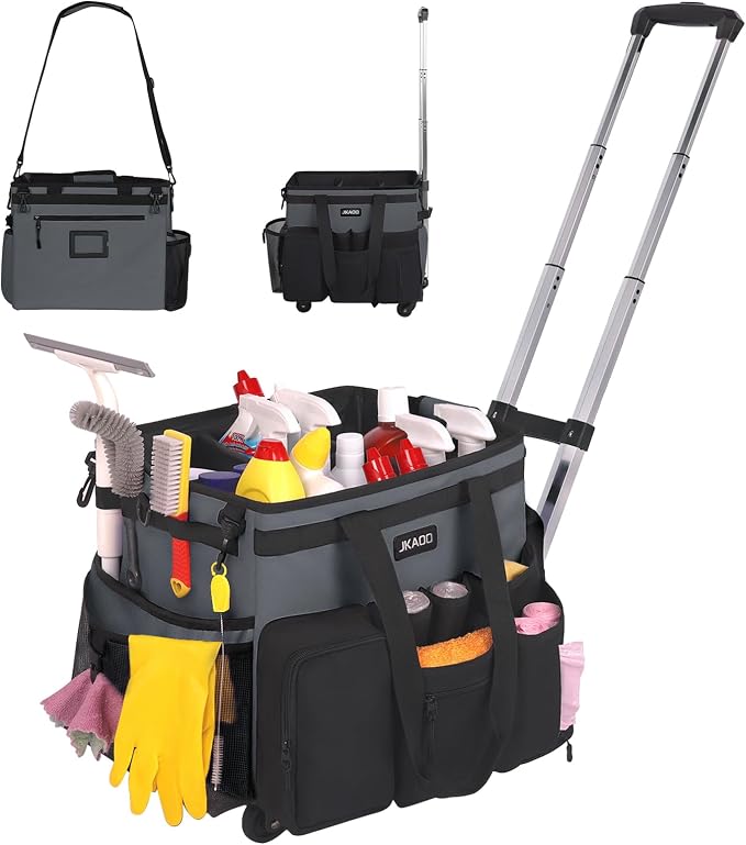 JKAOO Large Rolling Cleaning Caddy Bag with Detachable Trolley, Gray | Waterproof Cleaning Caddy with Wheels, 40L Wheeled Organizer Cart for Supplies, Housekeepers, Home, Office, Car, Picnic by JKAOO