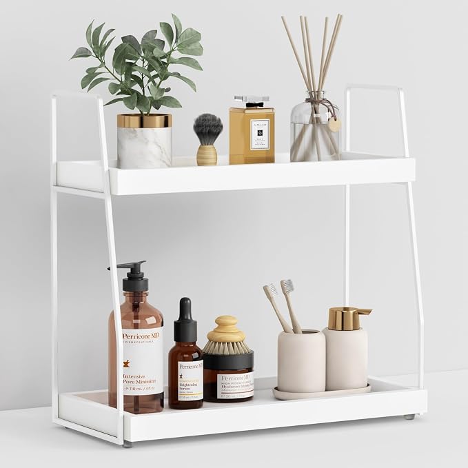 Forbena White 2 Tier Bathroom Organizer Countertop, Small Counter Top Organizer for Bathroom Decor, Modern Kitchen Counter Shelf for Snack, Vanity Makeup Organizers and Storage Tray for Bedroom by Forbena