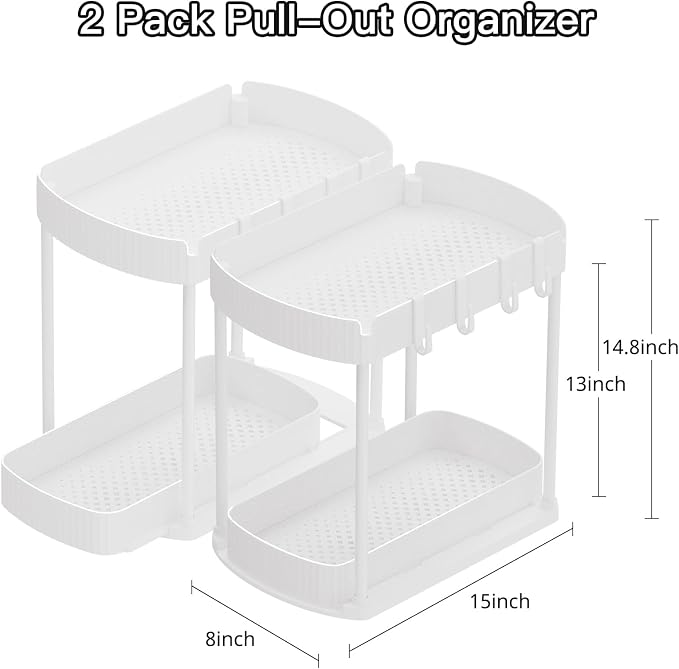 2 Packs Under Sink Pull-Out Storage Organizers, 14.8 Inches, White | Multi-Purpose Cabinet Organizers and Storage for Bathroom & Kitchen - Image 2