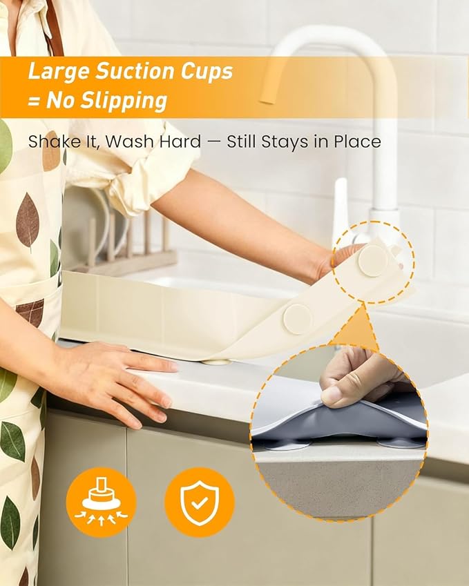 Kitchen Sink Splash Guard 30" 23" 18" Silicone Water Guard with Suction Cups, Faucet & Countertop Protector, Bathroom & Sink Edge Splash Guard Strip, Easy Install, Dishwasher Safe-Cream - Image 2