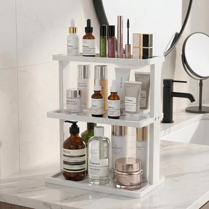 PEKER Bamboo Bathroom Organizer Countertop – Vanity Storage Shelf for Makeup, Perfume, Skincare – Natural Cosmetics Display Rack for Dresser, Sink, Kitchen – White - Image 9