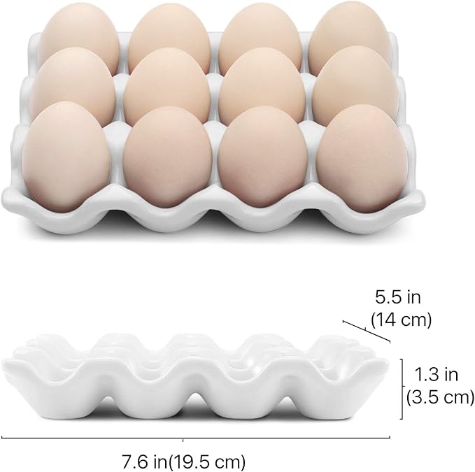 Flexzion Egg Ceramic & Porcelain Egg Holder, 12-Piece Non-Slip Tray Storage Box, White - Image 7