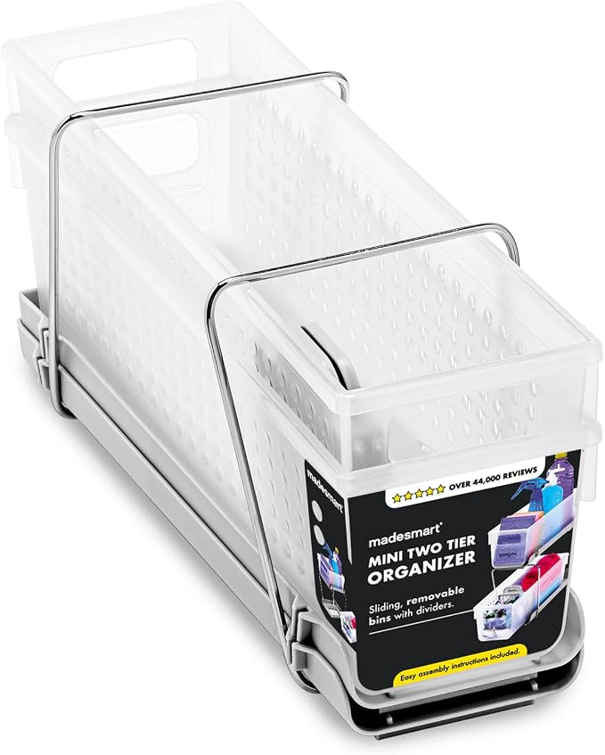 madesmart Mini 2-Tier Organizer, Multi-Purpose Slide-Out Storage with Handles and Dividers for Home and Bath, Frost | pull out bins, adjustable dividers, tiered access, cleaning supplies, under sink use, pantry bottles, woman owned - Image 8