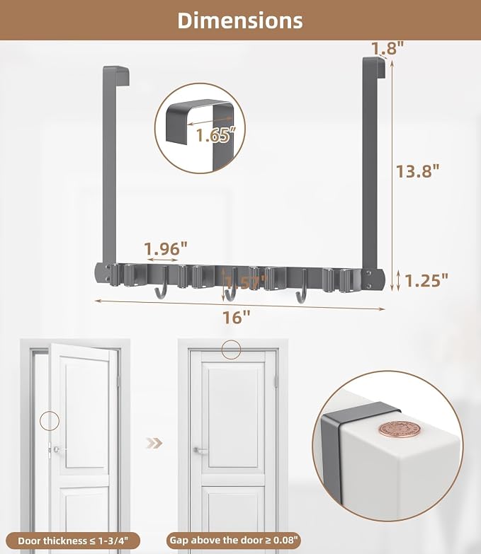 Broom Holder Over The Door with Hooks -304 Stainless Steel (Space grey) | Save Space, Anti-Rust & Sturdy, Mop and Broom Holder Wall Mounted or Hanging Over The Door, for Garage Laundry Kitchen - Image 8