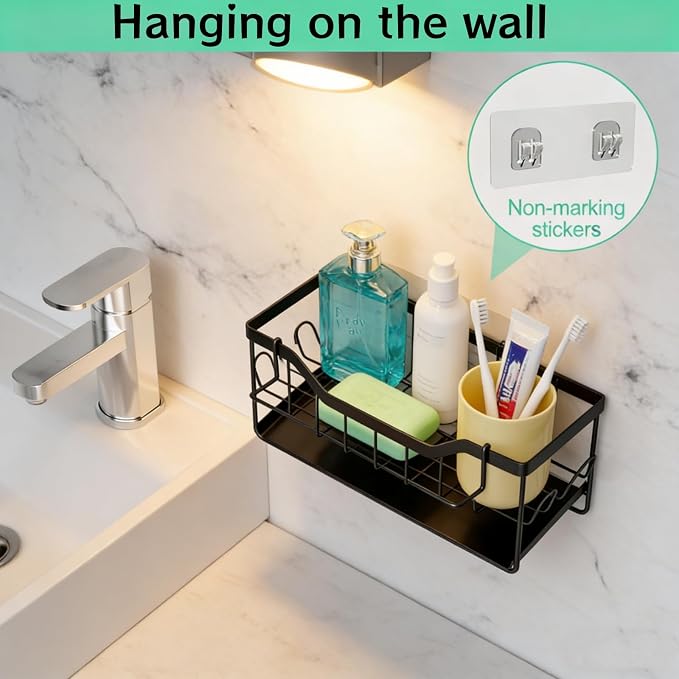 Sponge Holder for Kitchen Sink - Sink Caddy Organizer with Auto Drain Tray, Detachable Towel Rack, Stainless Steel Kitchen Counter Organizer Rack, Black - Image 4