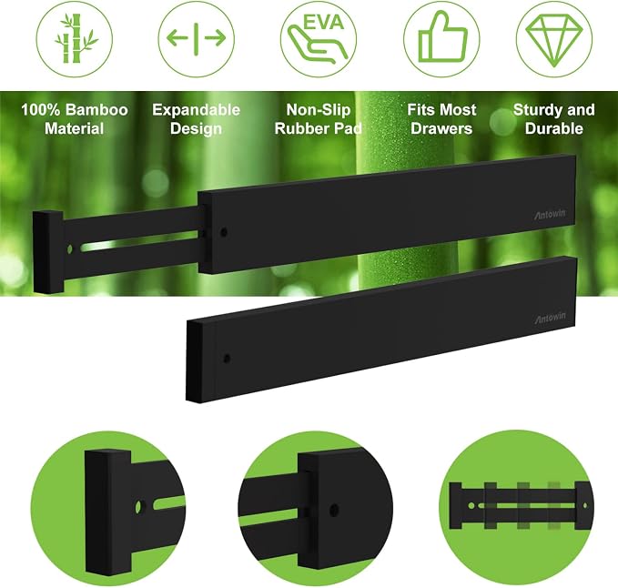 Bamboo Drawer Dividers Organizers, Expandable Drawer Separators Splitter,17-22 inches Long Adjustable Spring-loaded Organizer for Large Utensil, Clothes, Tools Drawers (Black) - Image 2
