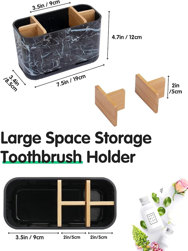 GFWARE Marble Toothbrush Holders with Drainage, Bathroom Organizer, Large | 5 Slots Toothbrush and Toothpaste Holder with Bamboo Divider, Kids Electric Toothbrush Holder for Bathroom, Marble-Look - Image 6