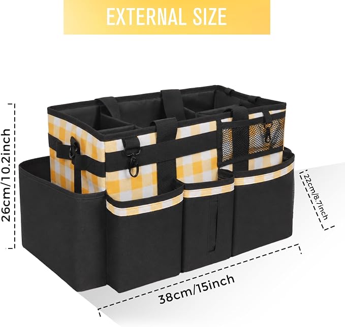 SCAVATA Wearable Cleaning Caddy, Cleaning Caddy Supplies Organizer with Handle & Shoulder Straps for Housekeepers, Under Sink & Car Cleaning Tool Organizers Bag with 4 Foldable Divider (YellowPlaid) - Image 5