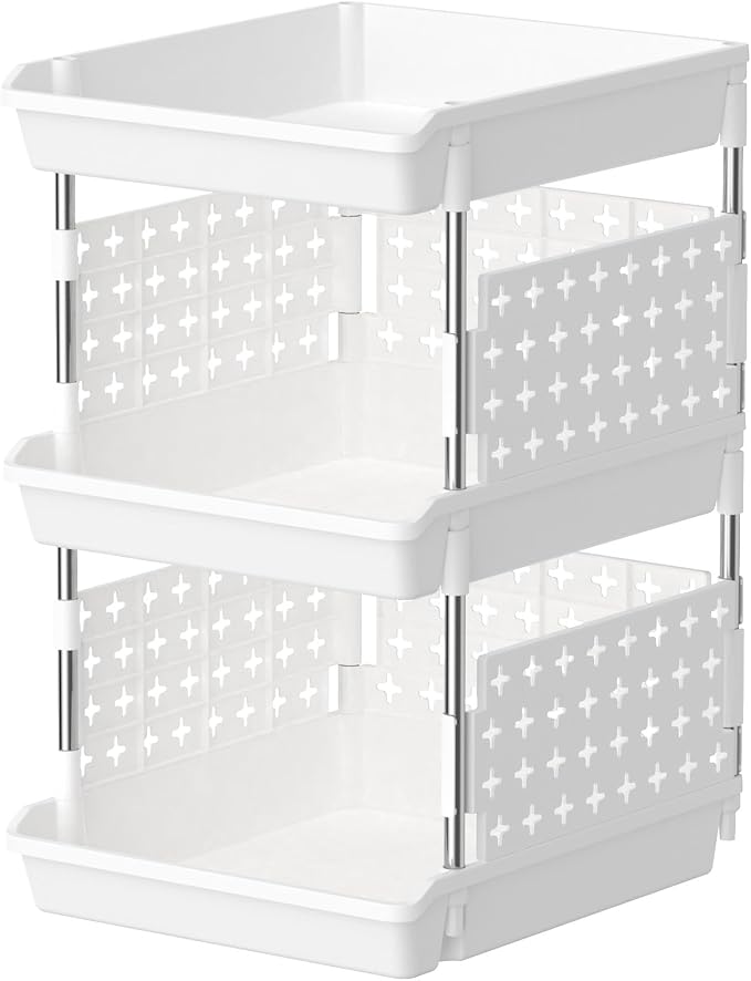 Lifewit 3 Tier Plastic Stackable Storage Baskets for Clothes 1 Pack, White | Stacking Bins for Food, Multifunctional Organizer for RV, Kitchen, Playroom, Pantry and Bathroom by Lifewit