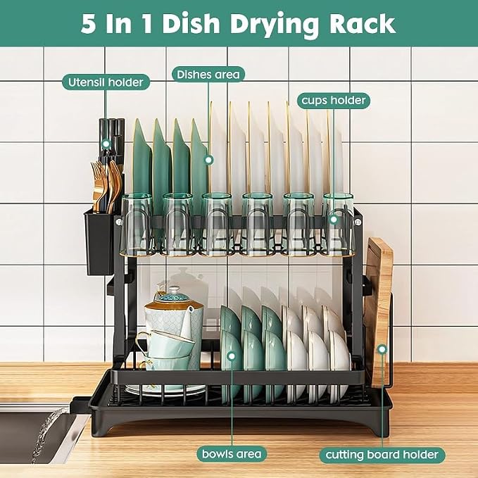 Dish Drying Rack with Drainboard, 2-Tier Foldable Stainless Steel Dish Rack with Utensil Holder, Cup Rack & Cutting Board Holder for Countertop - Image 3