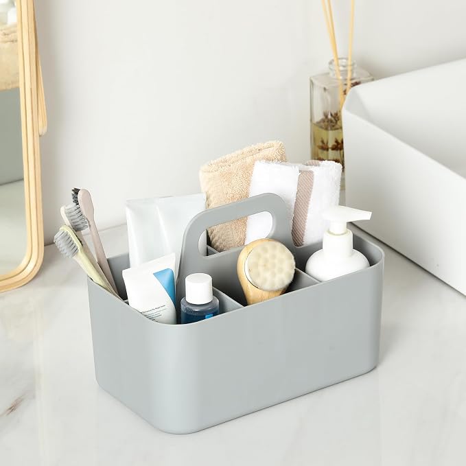 Multiuse Caddy Organizer with Handle, Portable Divided Plastic Tote Bin - Art Craft, Stationary Pen Marker Crayons, Makeup Hair Supplies Storage - Bathroom, Classroom, Dorm, Office, Desk Holder - Grey - Image 4