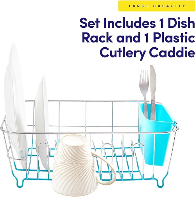 Dish Drying Rack & Cutlery Holder 2 Piece Set - Compact Sink-Fitting Dish Drainer with Rubberized Undercoating, Space-Saving Kitchen Organizer for Plates, Cups, Bowls & Utensils in Sink, Turquoise - Image 3