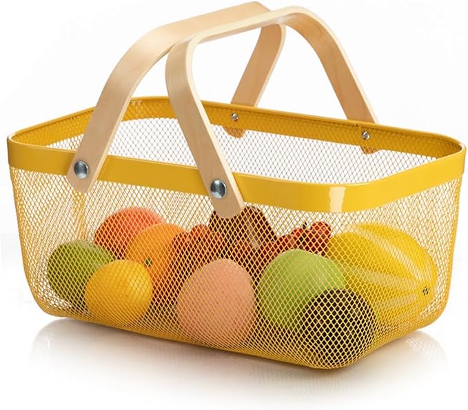 Portable Mesh Harvest Basket - Natural Bamboo Handle Foldable Organizer for Kitchen, Garden & Picnic | Ventilated Storage Bin with Rust-Proof Wire, Space-Saving Farmhouse Decor (Lemon Yellow) - Image 9