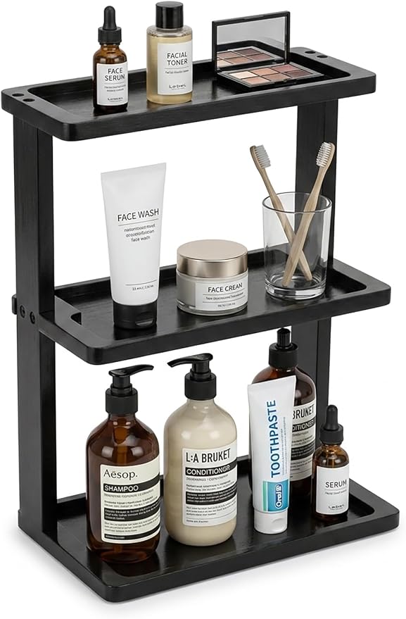 PEKER Bamboo Bathroom Organizer Countertop – Vanity Storage Shelf for Makeup, Perfume, Skincare – Natural Cosmetics Display Rack for Dresser, Sink, Kitchen – Black by Unknown