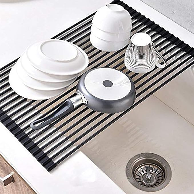 Ahyuan Large Roll up Dish Drying Rack Foldable Dish Rack Over Sink Dish Drainer Roll-up Sink Drying Rack Full Silicone Coated Stainless Still Dish Drying Rack (Matte Black, 20.5''X13.13'') - Image 2