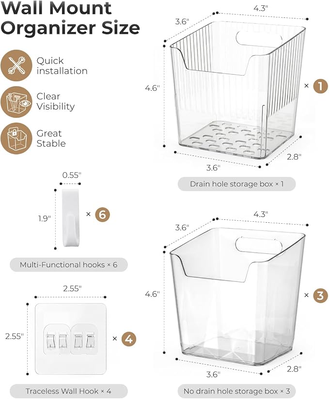 Wall Mount Organizer, 6 Hooks and 4 Pack Cabinet Door Storage Bins, Space-Saving Adhesive Bathroom Wall Organizer, Wall Storage for Office, Cabinet, Pantry, Kitchen, Makeup - Image 2