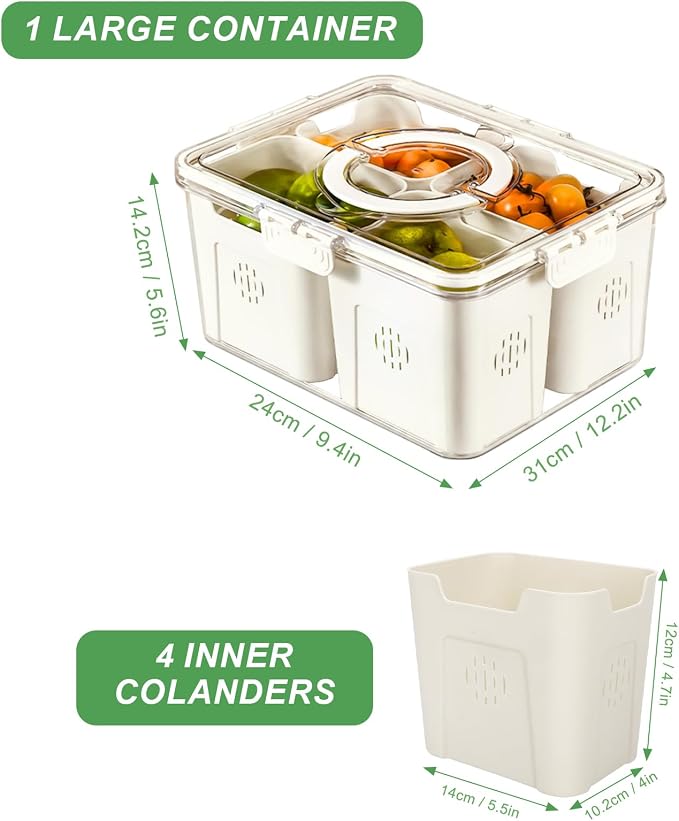 Fruit Storage Containers for Fridge with Lid and Handle, Veggie Tray Bins | Portable Fresh Produce Saver, Food Storage Container with 4 Removable Strainers,Salad Bar for Berry, Vegetable, Refrigerator - Image 9