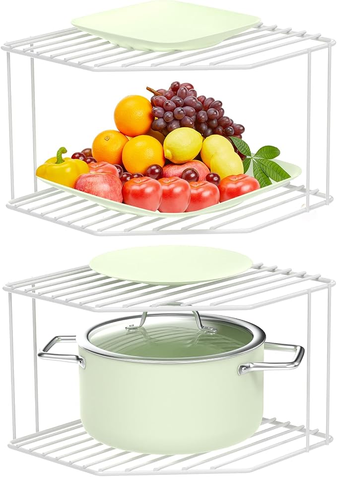 AKAZA 2Pcs 2-Tier Corner Stackable Organizer Shelf for Kitchen - Cabinet Storage Shelf Rack, Shelves，Kitchen Counter and Cabinet Shelf, Storage Rack Organizer (White) by AKAZA
