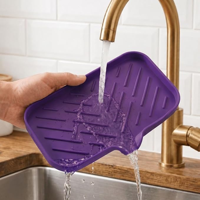 MicoYang Silicone Soap Dish with Drain Spout — Self-Draining Sink Organizer Tray for Bathroom & Kitchen, Sponges, Dispensers & Soap Holder, Non-Slip & Dishwasher Safe, Purple (Medium, 9.6"×5.3") - Image 9