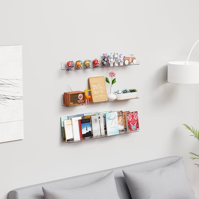 6 Pack Acrylic Shelves for Wall Storage- No Drilling Adhesive Shelves - Clear Stick On Bathroom Wall Shelf Organizers,Plastic Floating Shelves for Perfume,Funko,Lego,Skincare,Bookshelf for Kids - Image 7