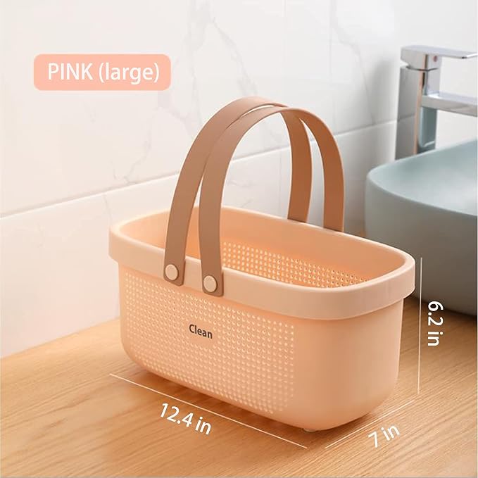 JiatuA Plastic Storage Basket with Handle Portable Shower Caddy Tote Organizer Basket Bin for Bathroom Kitchen Dorm Room Bedroom, Pink | Sturdy Drainage Large Capacity Organizer Basket with Silicone Handles for Bathroom Kitchen Bedroom College Dorm Ess... - Image 5