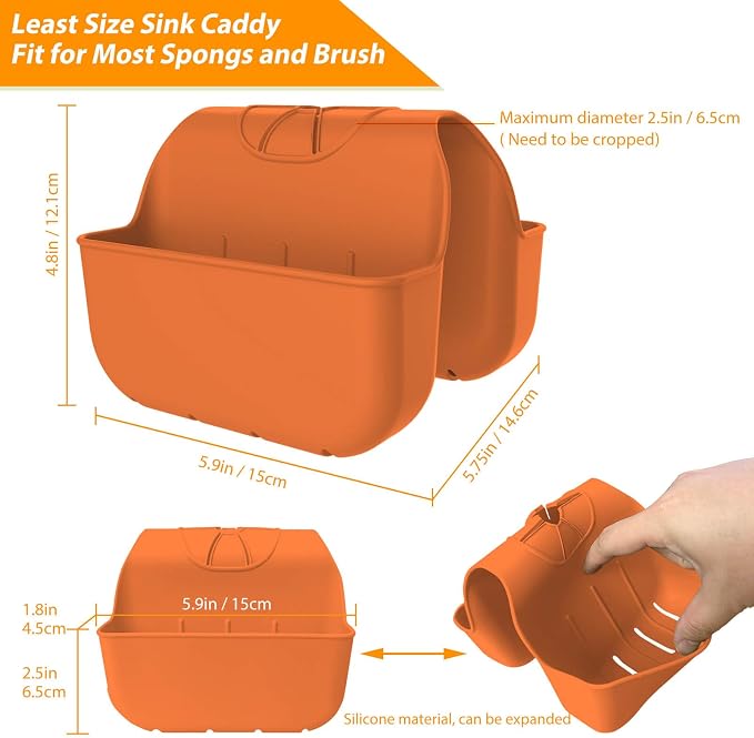 Sponge Holder for Kitchen Sink, Silicone Sink Saddle Caddy Organizer Rack, Sponges Holder Over Faucet, Hanging Kitchen Organizer Accessories Rack Basket Orange - Image 3