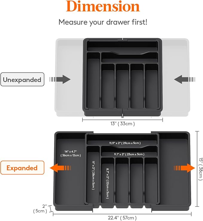 Lifewit Utensil Organizer for Kitchen Drawer, Expandable Cooking Silverware Tray, Adjustable Cutlery Flatware Holder, Plastic Spatula Tools Storage Divider, 13-22.4 x 15", Black - Image 3