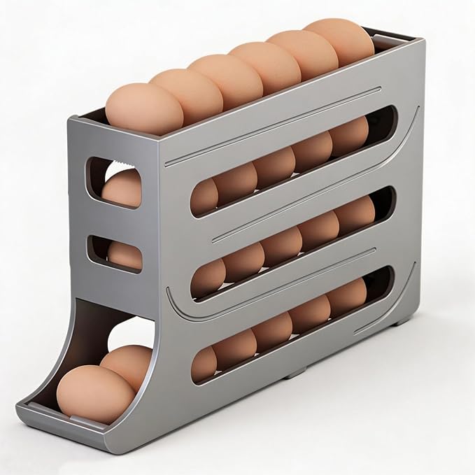 28 Egg Holder for Fridge, 4-Tier Auto Rolling Egg Organizer for Refrigerator, Gravity Slide Dispenser Rack, Space-Saving Storage (Grey) by Joezhe