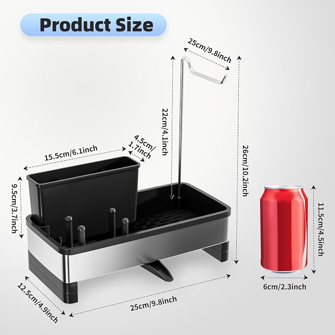 Ewaiira Sponge Holder for Kitchen Sink, Stainless Steel Sink Caddy | with Brush Holder & Dishcloth Rack, Countertop Sink Organizer, Soap Dispenser Kitchen Organizers Storage (D-Black 9.8″) - Image 6