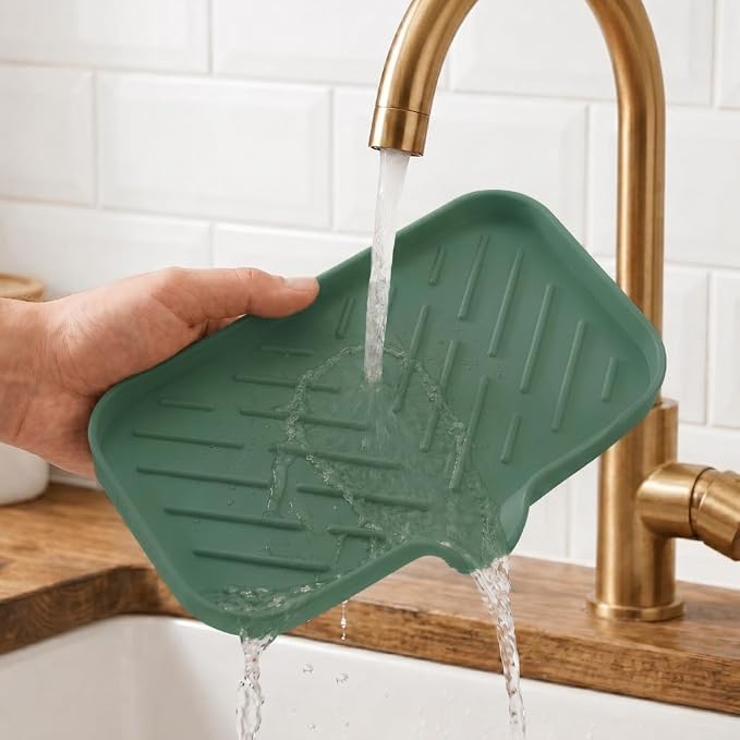 MicoYang Silicone Soap Dish with Drain Spout — Self-Draining Sink Organizer Tray for Bathroom & Kitchen, Sponges, Dispensers & Soap Holder, Non-Slip & Dishwasher Safe, Green (Medium, 9.6"×5.3") - Image 8