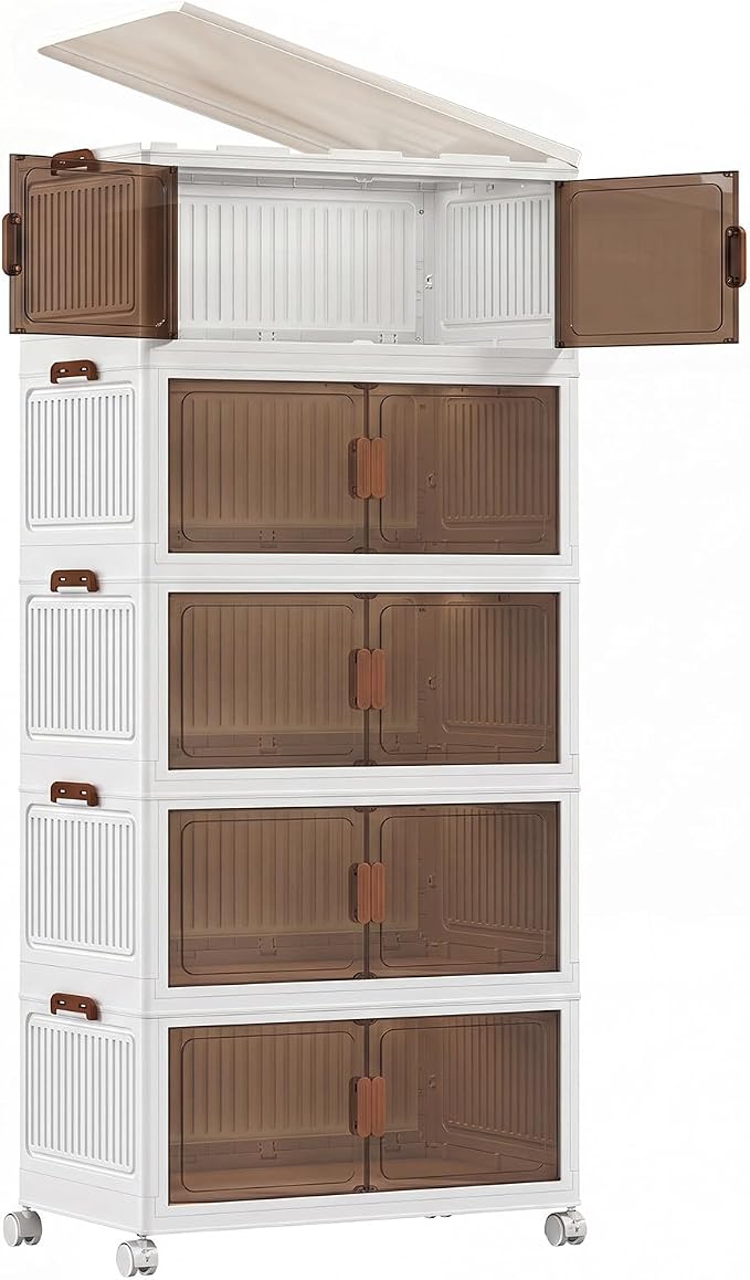 430QT Stackable Storage Bins With Lids, Collapsible Plastic Storage Bins with Wheels and Doors, Foldable Plastic Cabinets for Bedroom Dorm Garage by Unknown