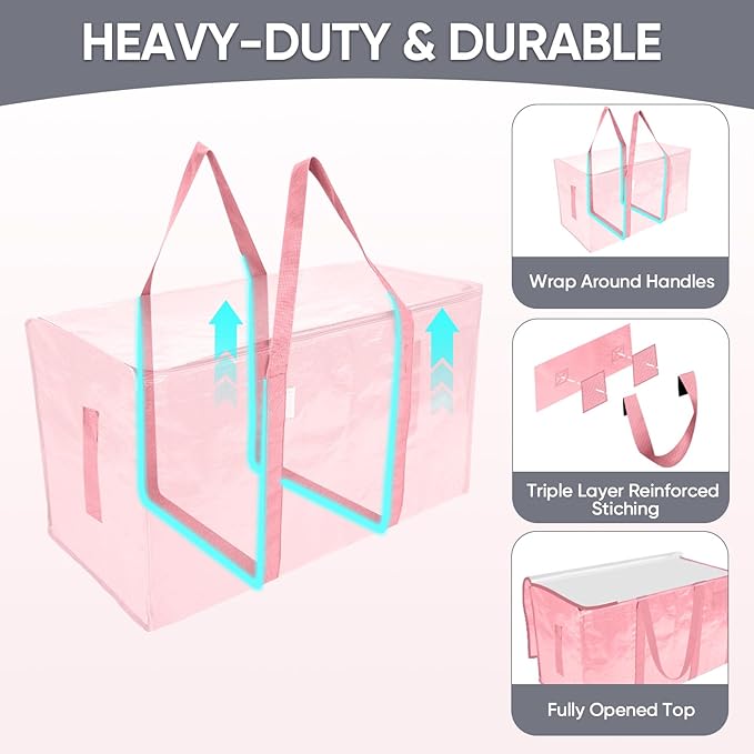 TICONN 2 Pack Extra Large Moving Bags Heavy Duty with Zippers & Carrying Handles, Durable Storage Bags Moving Boxes for Closet Organizers and Storage (2 Pack, Coral) - Image 3