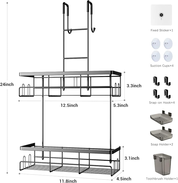 Over the Door Shower Caddy Hanging: No Drill Rustproof Shower Organizer | Includes Hooks & Soap Holders for Shampoos, Conditioners and Bathroom Essentials, Anti-Slip for Any Shower Room - Image 6