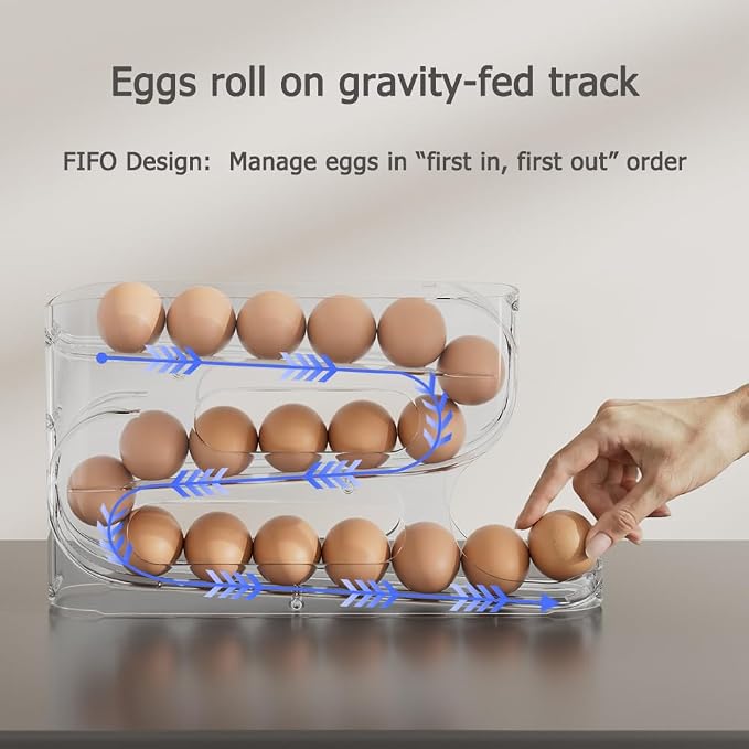 Clear FIFO Egg Holder for Fridge, Egg Dispenser for Eggs 18 Count | 1-Pack Automatic Rolling Egg Organizer for Refrigerator, Space-Saving Egg Roller/Container/Storage for Kitchen Countertop - Image 4