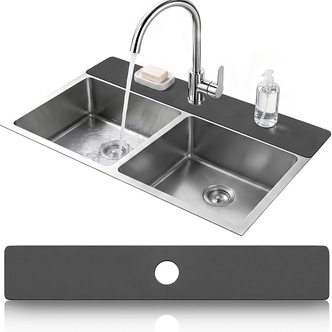 LOPNUR Cuttable Faucet Mat for Kitchen Sink, Extra Long 29 Inch, Dark Grey | Super Absorbent & Fast Dry Diatomite Sink Splash Guard, 0.8-2.4 Inch Adjustable Faucet Hole, Cut to Fit Bathroom & RV Sinks by LOPNUR