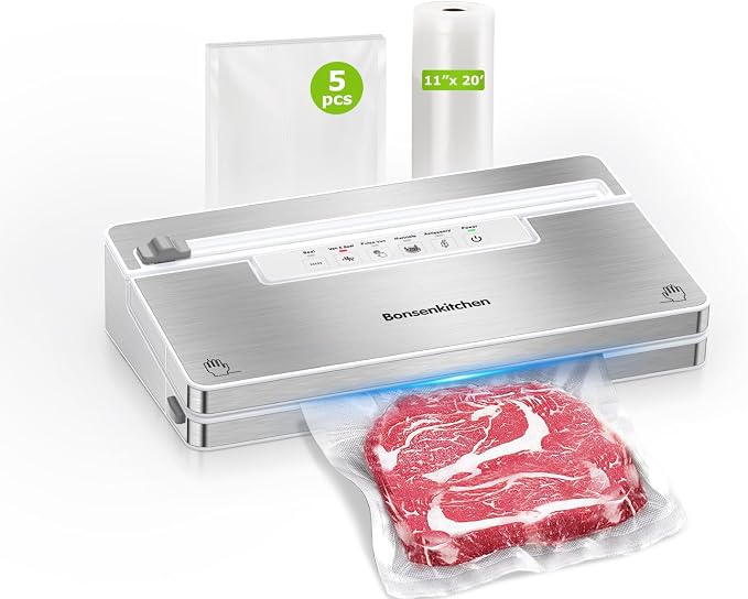 Bonsenkitchen Vacuum Sealer Machine, Built in Cutter & Bag Storage | Functional Food Vacuum Sealer with Accessory Hose, for Meal Prep, Sous Vide, Bulk Storage,1 Roll & 5 Vacuum Bags by Bonsenkitchen