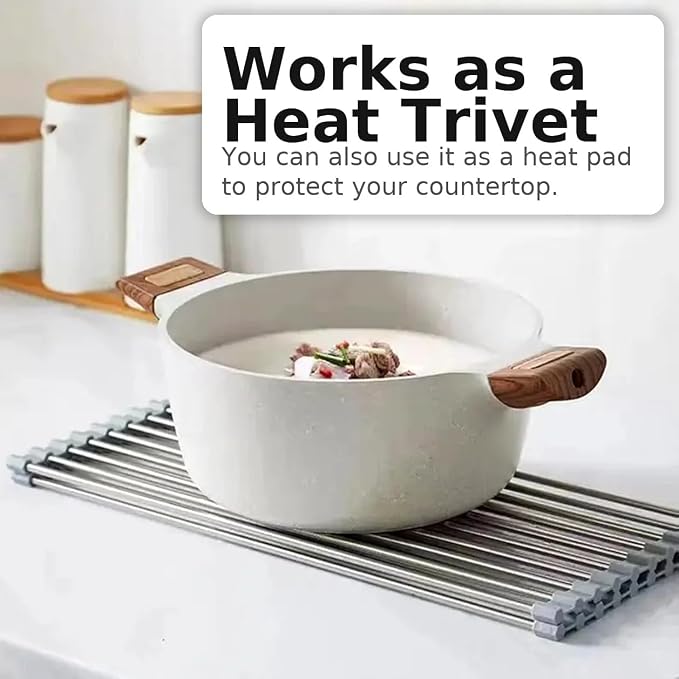 Over-The-Sink Roll Up Dish Drying Rack, 18.5" x 13.5" Foldable Stainless Steel Dish Drainer Mat, Sink Cover & Heat-Resistant Kitchen Organizer (Grey) - Image 9