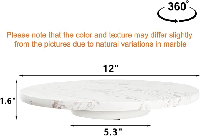Marble Lazy Susan, Natural Marble Round Tray Turntable Cake Stand, 12" Lazy Susan Cheese Board with Silent Rotating for Serving, Table Display, Cupcake, White, Revolving Cake Leveler Spinner - Image 2